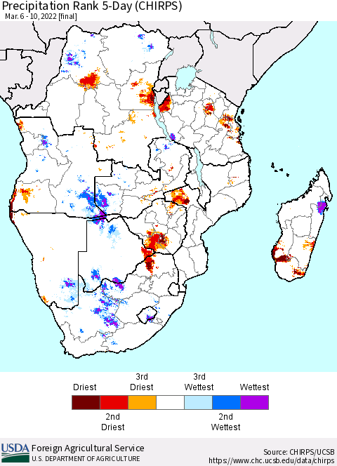 Southern Africa Precipitation Rank since 1981, 5-Day (CHIRPS) Thematic Map For 3/6/2022 - 3/10/2022