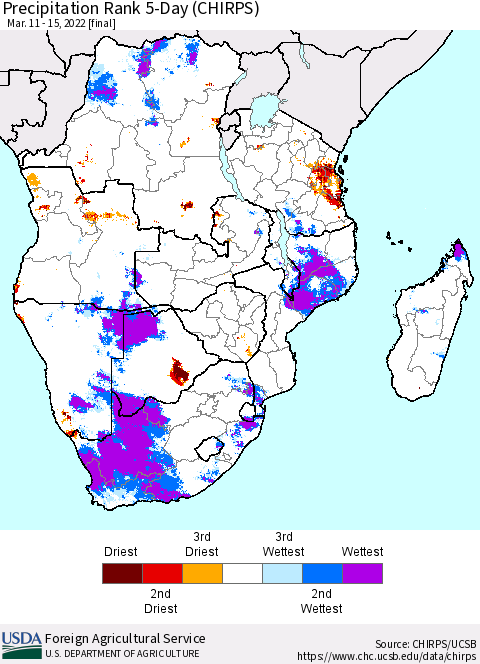 Southern Africa Precipitation Rank since 1981, 5-Day (CHIRPS) Thematic Map For 3/11/2022 - 3/15/2022