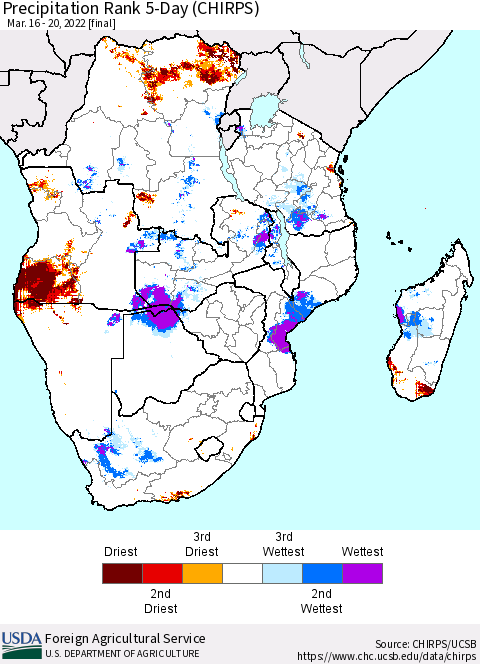 Southern Africa Precipitation Rank since 1981, 5-Day (CHIRPS) Thematic Map For 3/16/2022 - 3/20/2022