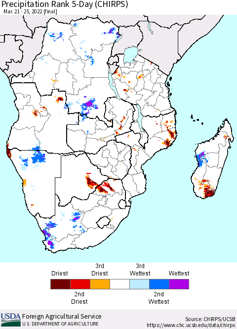Southern Africa Precipitation Rank since 1981, 5-Day (CHIRPS) Thematic Map For 3/21/2022 - 3/25/2022
