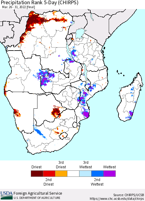 Southern Africa Precipitation Rank since 1981, 5-Day (CHIRPS) Thematic Map For 3/26/2022 - 3/31/2022