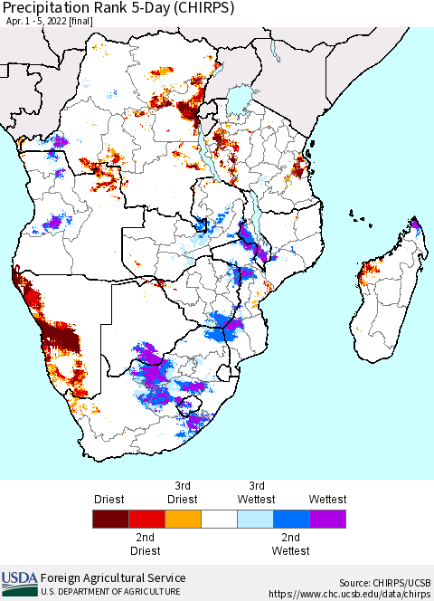 Southern Africa Precipitation Rank since 1981, 5-Day (CHIRPS) Thematic Map For 4/1/2022 - 4/5/2022