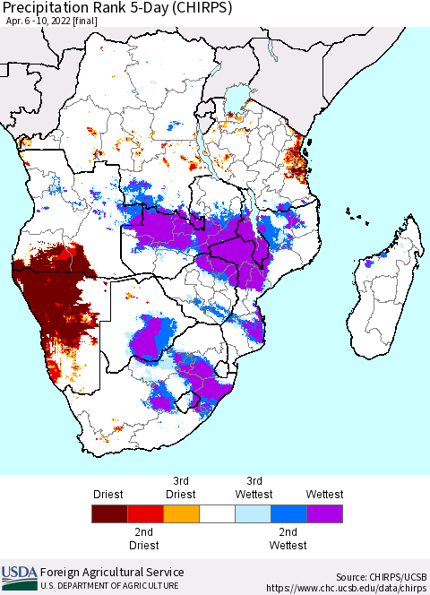 Southern Africa Precipitation Rank since 1981, 5-Day (CHIRPS) Thematic Map For 4/6/2022 - 4/10/2022