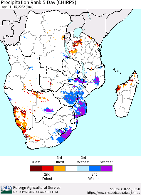 Southern Africa Precipitation Rank since 1981, 5-Day (CHIRPS) Thematic Map For 4/11/2022 - 4/15/2022