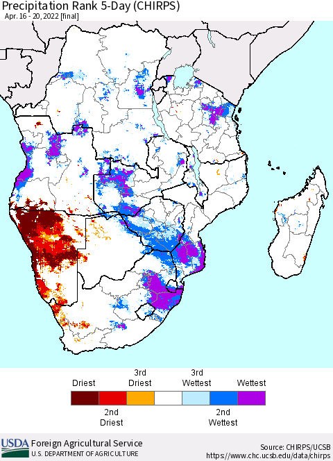 Southern Africa Precipitation Rank since 1981, 5-Day (CHIRPS) Thematic Map For 4/16/2022 - 4/20/2022
