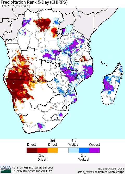 Southern Africa Precipitation Rank since 1981, 5-Day (CHIRPS) Thematic Map For 4/21/2022 - 4/25/2022