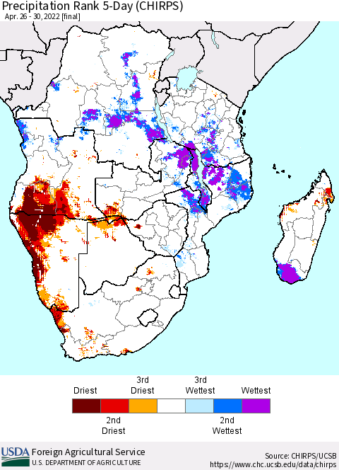 Southern Africa Precipitation Rank since 1981, 5-Day (CHIRPS) Thematic Map For 4/26/2022 - 4/30/2022