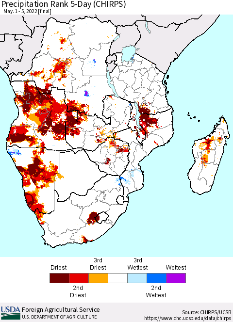 Southern Africa Precipitation Rank since 1981, 5-Day (CHIRPS) Thematic Map For 5/1/2022 - 5/5/2022