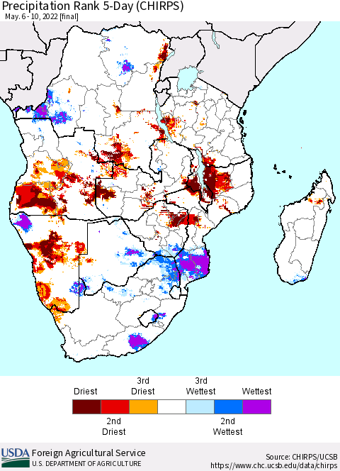 Southern Africa Precipitation Rank since 1981, 5-Day (CHIRPS) Thematic Map For 5/6/2022 - 5/10/2022