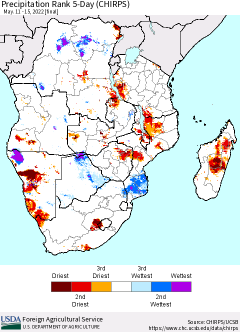 Southern Africa Precipitation Rank since 1981, 5-Day (CHIRPS) Thematic Map For 5/11/2022 - 5/15/2022