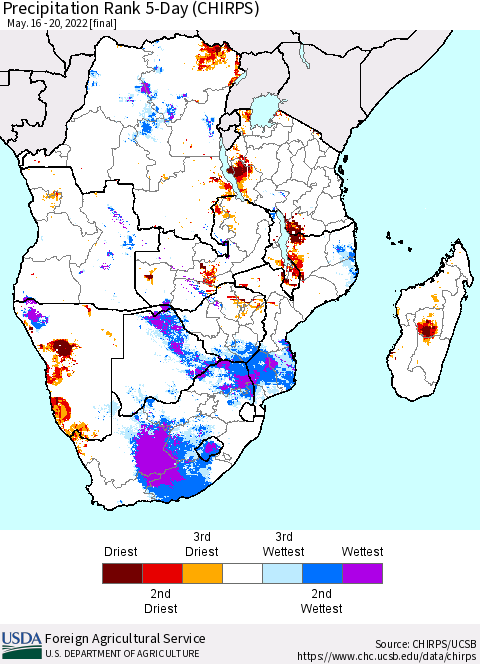 Southern Africa Precipitation Rank since 1981, 5-Day (CHIRPS) Thematic Map For 5/16/2022 - 5/20/2022