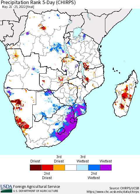 Southern Africa Precipitation Rank since 1981, 5-Day (CHIRPS) Thematic Map For 5/21/2022 - 5/25/2022
