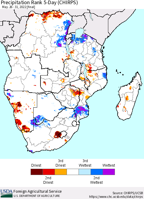 Southern Africa Precipitation Rank since 1981, 5-Day (CHIRPS) Thematic Map For 5/26/2022 - 5/31/2022