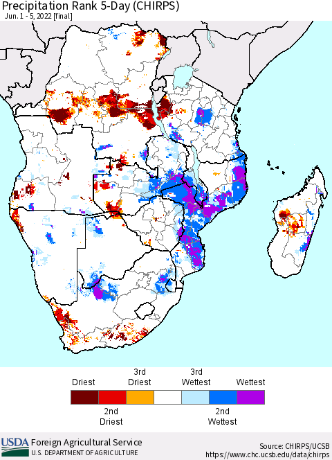 Southern Africa Precipitation Rank since 1981, 5-Day (CHIRPS) Thematic Map For 6/1/2022 - 6/5/2022