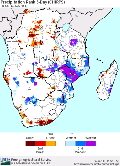 Southern Africa Precipitation Rank since 1981, 5-Day (CHIRPS) Thematic Map For 6/6/2022 - 6/10/2022
