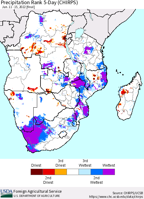 Southern Africa Precipitation Rank since 1981, 5-Day (CHIRPS) Thematic Map For 6/11/2022 - 6/15/2022