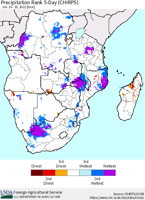 Southern Africa Precipitation Rank since 1981, 5-Day (CHIRPS) Thematic Map For 6/16/2022 - 6/20/2022