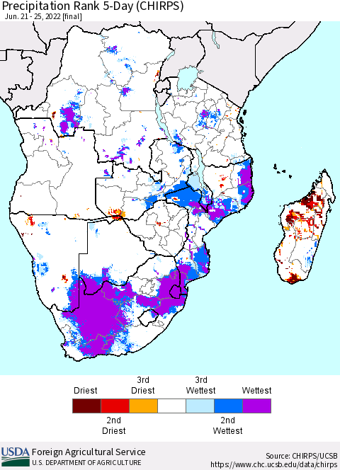 Southern Africa Precipitation Rank since 1981, 5-Day (CHIRPS) Thematic Map For 6/21/2022 - 6/25/2022