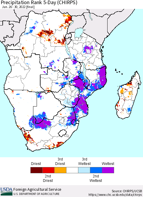 Southern Africa Precipitation Rank since 1981, 5-Day (CHIRPS) Thematic Map For 6/26/2022 - 6/30/2022