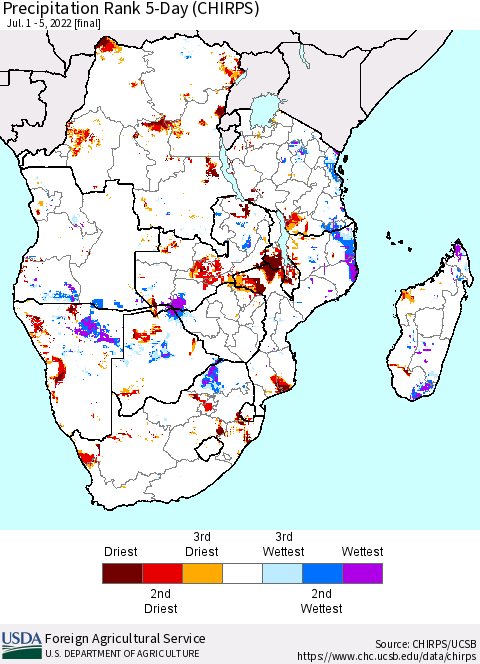 Southern Africa Precipitation Rank since 1981, 5-Day (CHIRPS) Thematic Map For 7/1/2022 - 7/5/2022