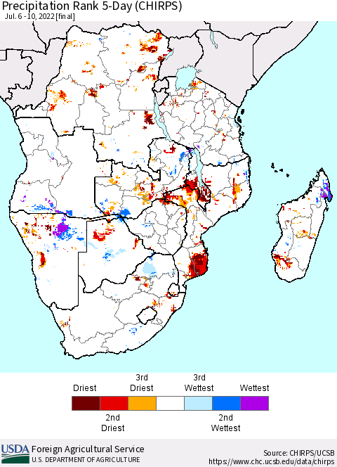 Southern Africa Precipitation Rank since 1981, 5-Day (CHIRPS) Thematic Map For 7/6/2022 - 7/10/2022