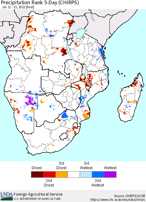 Southern Africa Precipitation Rank since 1981, 5-Day (CHIRPS) Thematic Map For 7/11/2022 - 7/15/2022