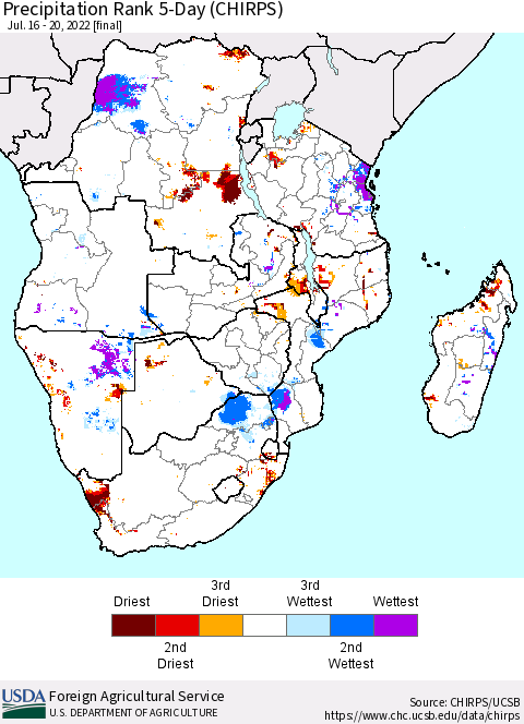 Southern Africa Precipitation Rank since 1981, 5-Day (CHIRPS) Thematic Map For 7/16/2022 - 7/20/2022