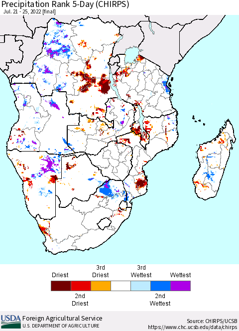 Southern Africa Precipitation Rank since 1981, 5-Day (CHIRPS) Thematic Map For 7/21/2022 - 7/25/2022