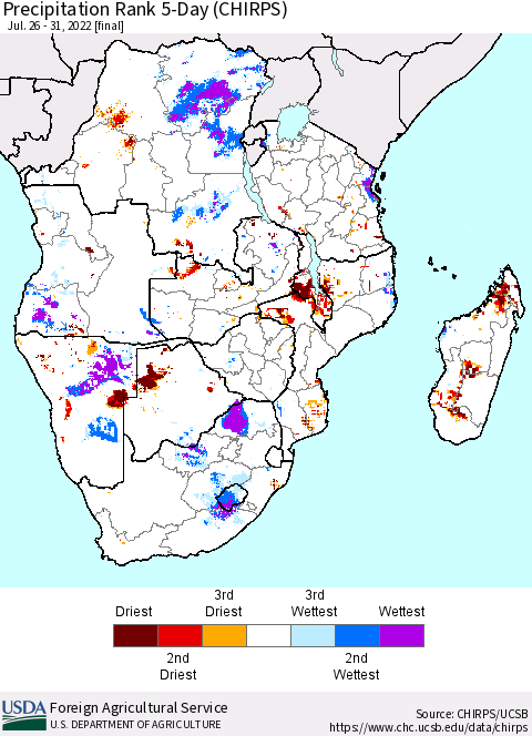 Southern Africa Precipitation Rank since 1981, 5-Day (CHIRPS) Thematic Map For 7/26/2022 - 7/31/2022