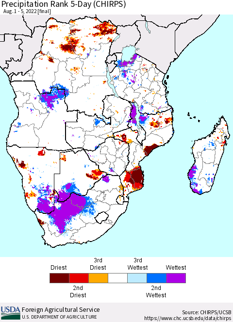 Southern Africa Precipitation Rank since 1981, 5-Day (CHIRPS) Thematic Map For 8/1/2022 - 8/5/2022