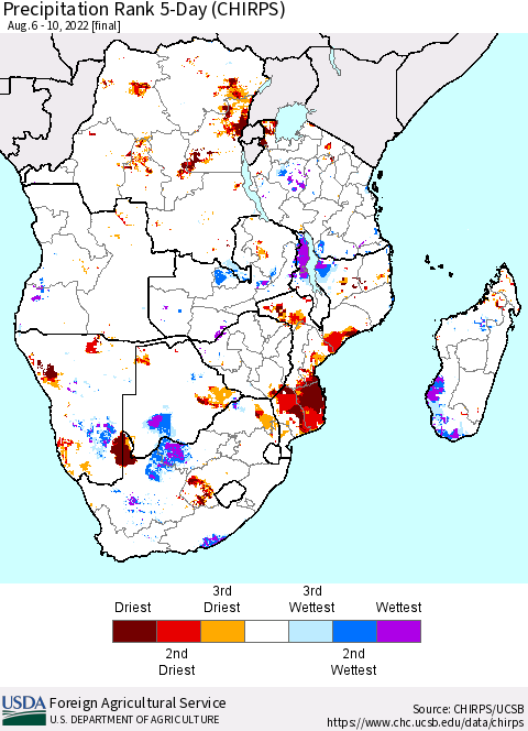 Southern Africa Precipitation Rank since 1981, 5-Day (CHIRPS) Thematic Map For 8/6/2022 - 8/10/2022
