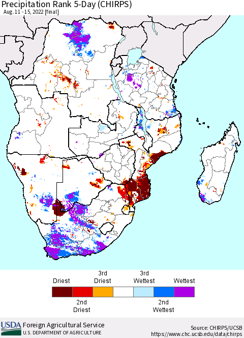 Southern Africa Precipitation Rank since 1981, 5-Day (CHIRPS) Thematic Map For 8/11/2022 - 8/15/2022