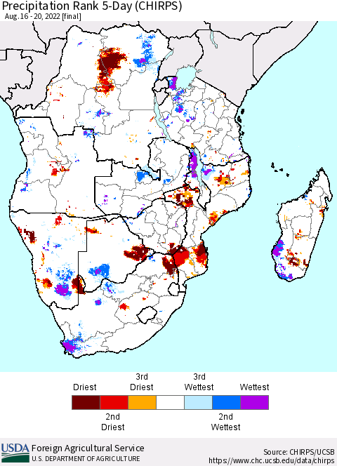 Southern Africa Precipitation Rank since 1981, 5-Day (CHIRPS) Thematic Map For 8/16/2022 - 8/20/2022