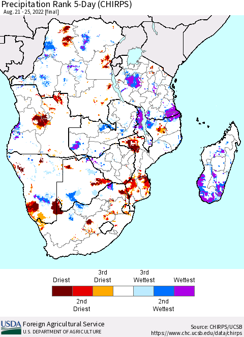 Southern Africa Precipitation Rank since 1981, 5-Day (CHIRPS) Thematic Map For 8/21/2022 - 8/25/2022