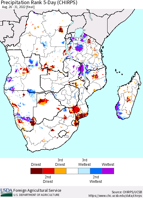Southern Africa Precipitation Rank since 1981, 5-Day (CHIRPS) Thematic Map For 8/26/2022 - 8/31/2022