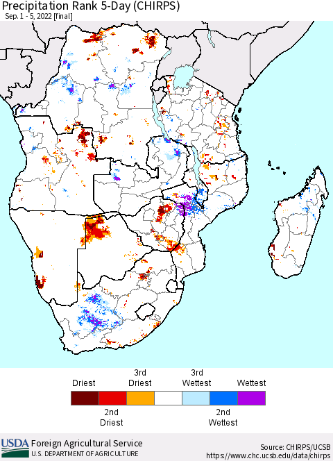 Southern Africa Precipitation Rank since 1981, 5-Day (CHIRPS) Thematic Map For 9/1/2022 - 9/5/2022