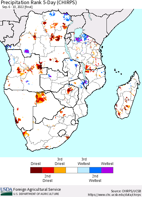 Southern Africa Precipitation Rank since 1981, 5-Day (CHIRPS) Thematic Map For 9/6/2022 - 9/10/2022