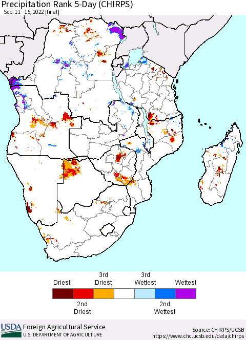 Southern Africa Precipitation Rank since 1981, 5-Day (CHIRPS) Thematic Map For 9/11/2022 - 9/15/2022