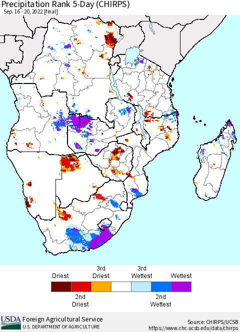 Southern Africa Precipitation Rank since 1981, 5-Day (CHIRPS) Thematic Map For 9/16/2022 - 9/20/2022