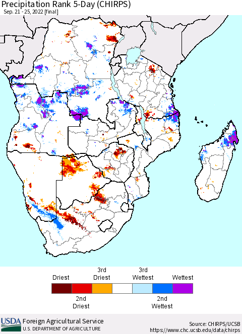 Southern Africa Precipitation Rank since 1981, 5-Day (CHIRPS) Thematic Map For 9/21/2022 - 9/25/2022