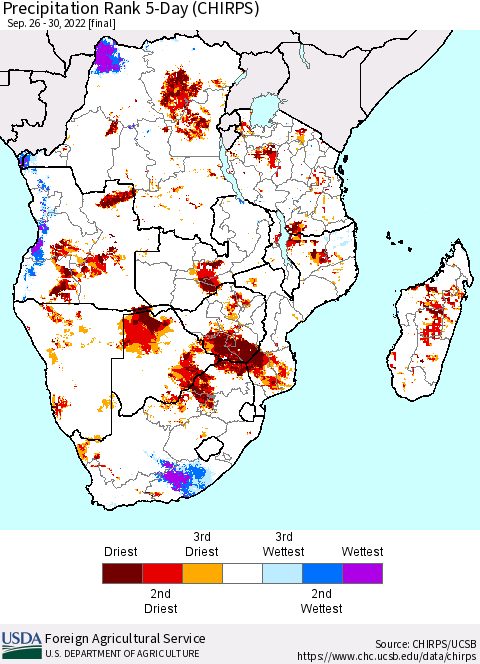 Southern Africa Precipitation Rank since 1981, 5-Day (CHIRPS) Thematic Map For 9/26/2022 - 9/30/2022