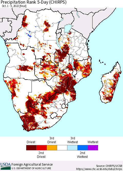 Southern Africa Precipitation Rank since 1981, 5-Day (CHIRPS) Thematic Map For 10/1/2022 - 10/5/2022