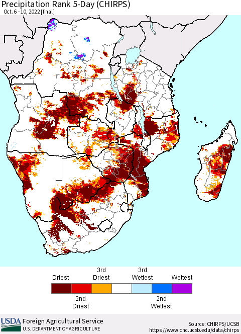 Southern Africa Precipitation Rank since 1981, 5-Day (CHIRPS) Thematic Map For 10/6/2022 - 10/10/2022