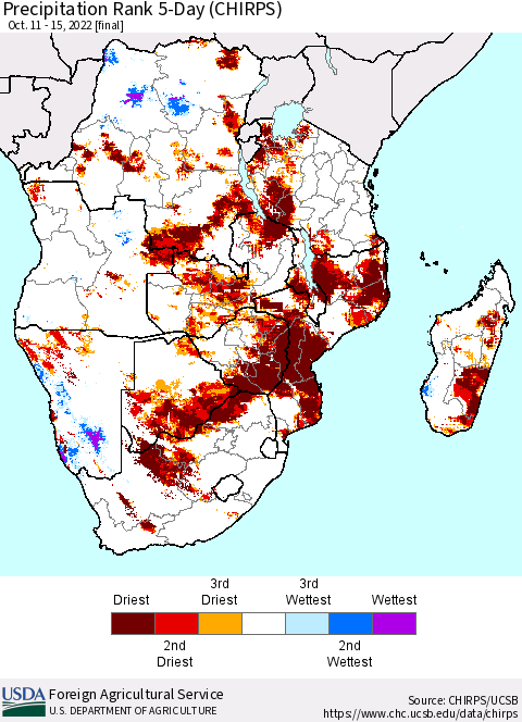 Southern Africa Precipitation Rank since 1981, 5-Day (CHIRPS) Thematic Map For 10/11/2022 - 10/15/2022