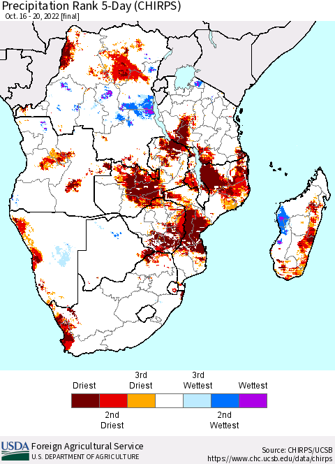 Southern Africa Precipitation Rank since 1981, 5-Day (CHIRPS) Thematic Map For 10/16/2022 - 10/20/2022
