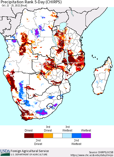 Southern Africa Precipitation Rank since 1981, 5-Day (CHIRPS) Thematic Map For 10/21/2022 - 10/25/2022