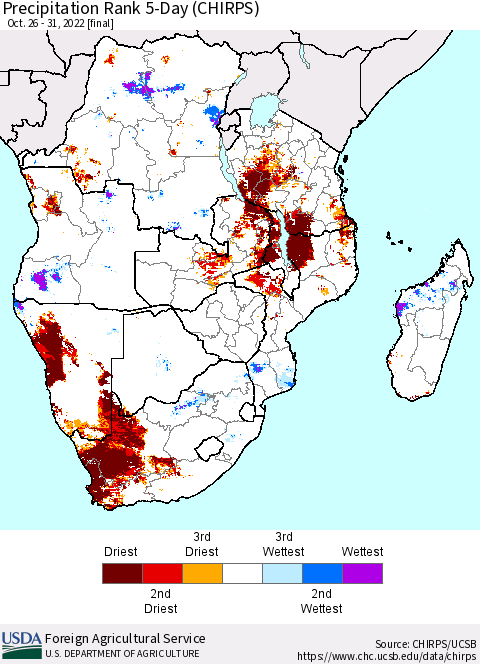Southern Africa Precipitation Rank since 1981, 5-Day (CHIRPS) Thematic Map For 10/26/2022 - 10/31/2022