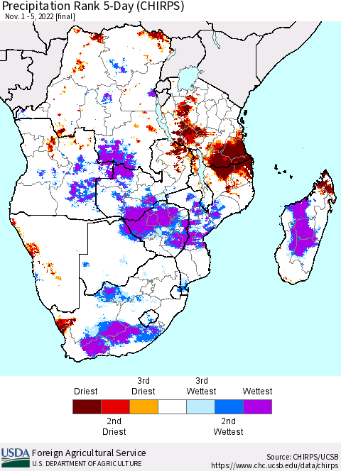 Southern Africa Precipitation Rank since 1981, 5-Day (CHIRPS) Thematic Map For 11/1/2022 - 11/5/2022