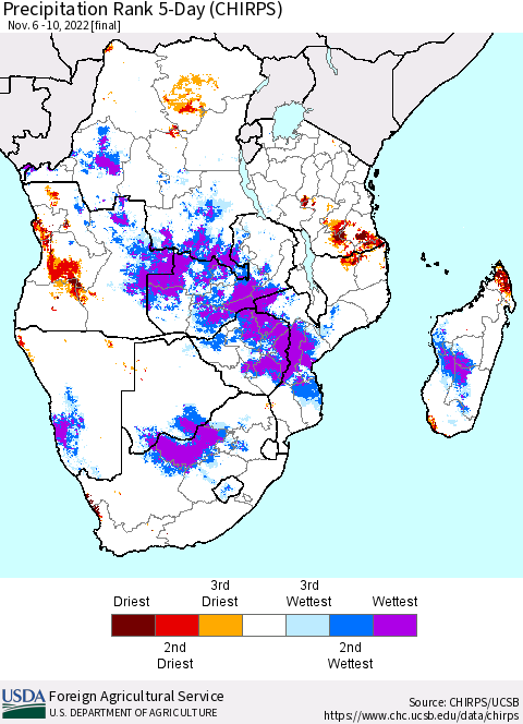 Southern Africa Precipitation Rank since 1981, 5-Day (CHIRPS) Thematic Map For 11/6/2022 - 11/10/2022