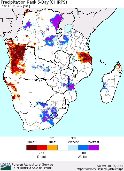 Southern Africa Precipitation Rank since 1981, 5-Day (CHIRPS) Thematic Map For 11/11/2022 - 11/15/2022